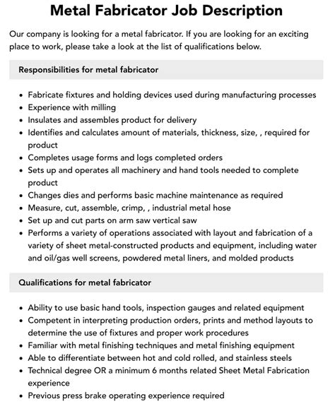 job description metal fabricator|steel fabrication employment skills.